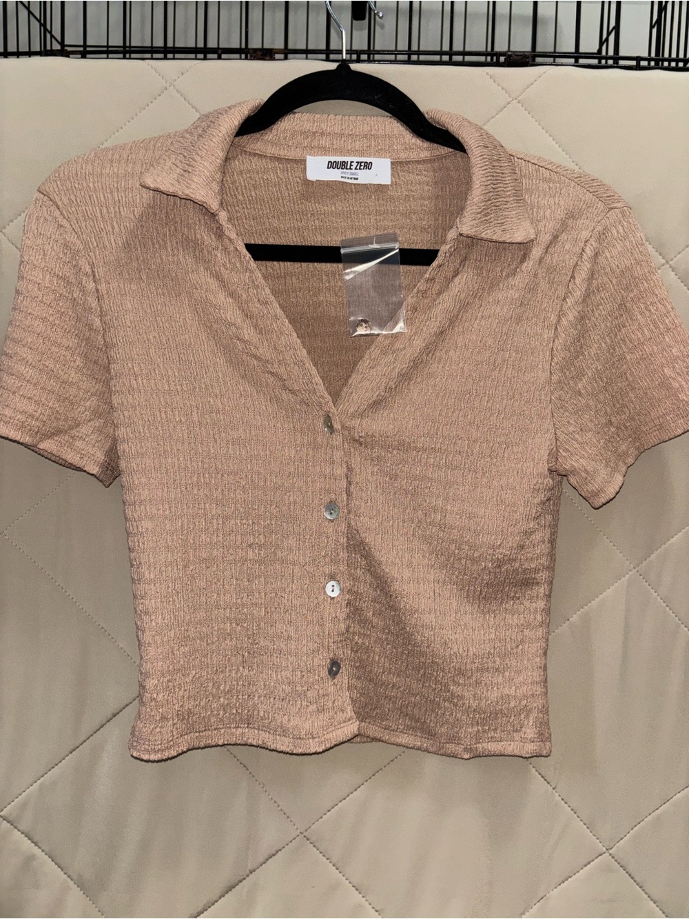 Double Zero Cropped Short-Sleeve Button-Up Knit Top in Light Tan